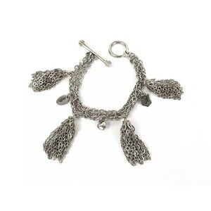 Juicy Couture Designer Silver Tone Tassel Fringe Bracelet Y2K Charms Logo 7.75"